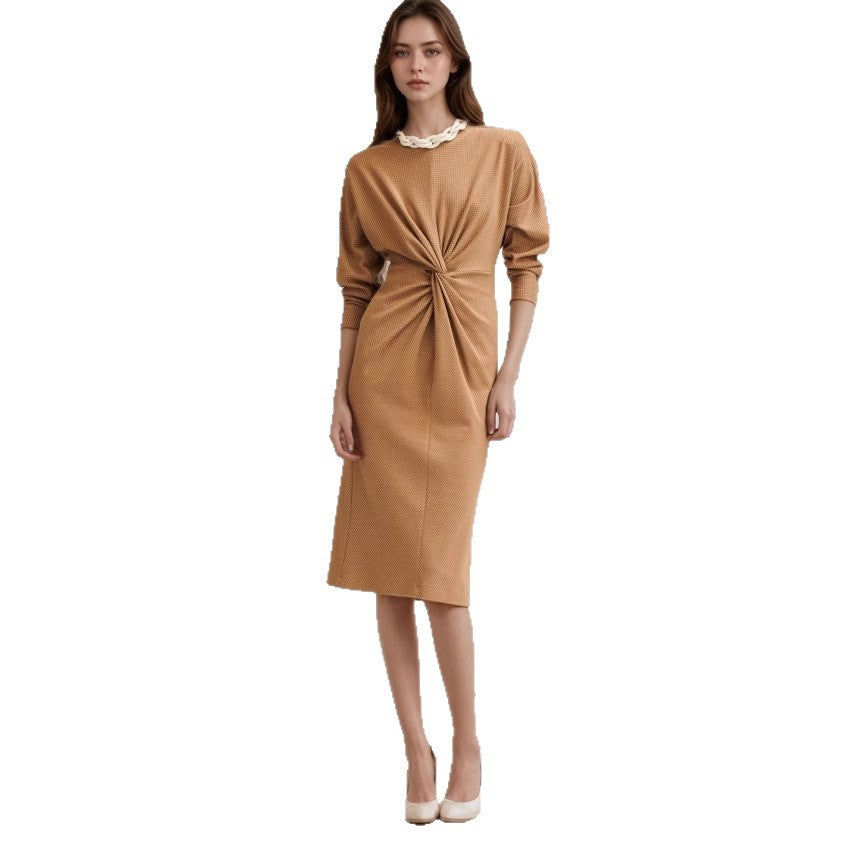 Retro-style Elegant Round-neck Long-sleeve Twist-detail Dress