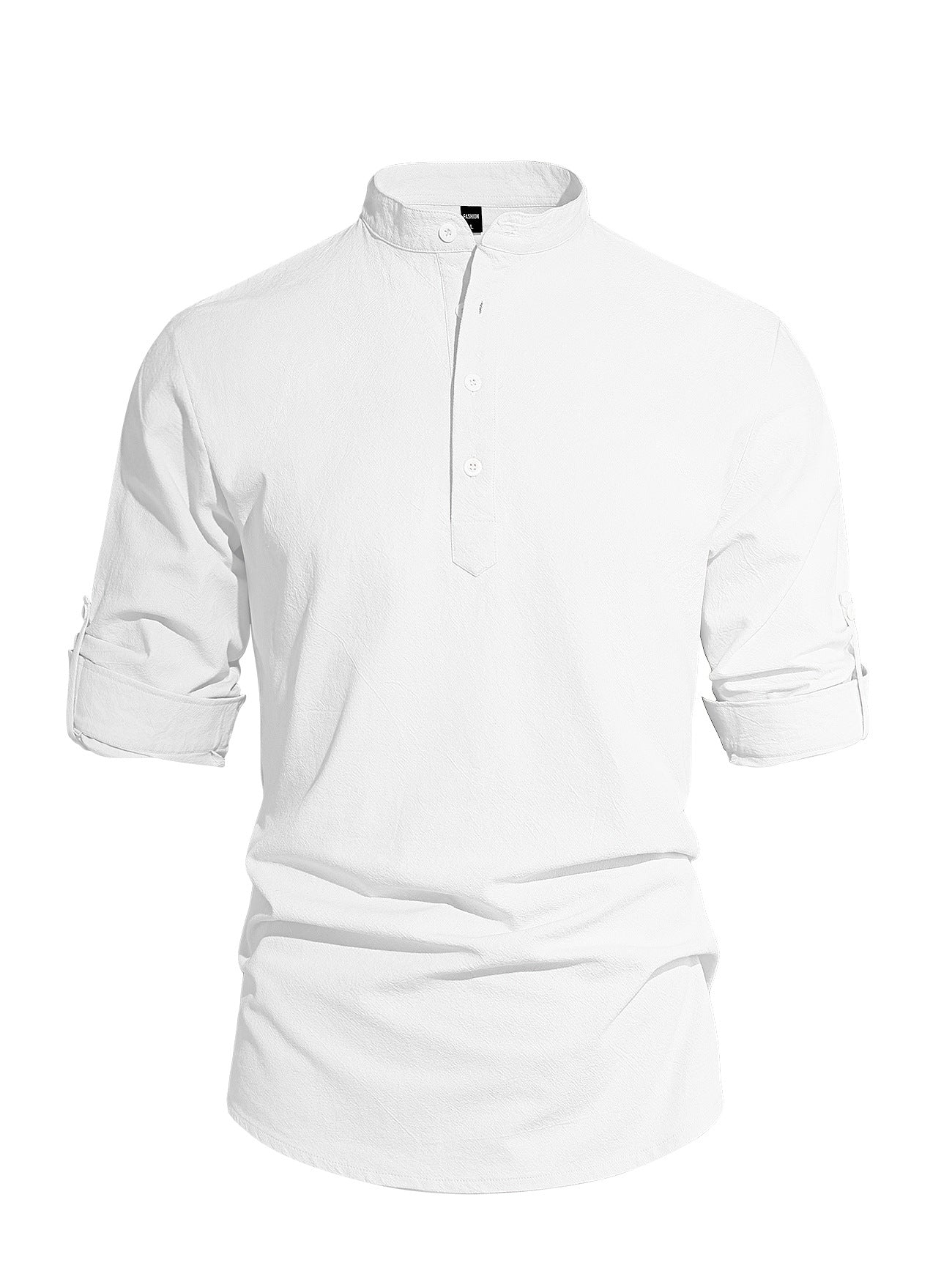 Men's Solid Color Stand Collar Long Sleeve Cotton-Linen Shirt