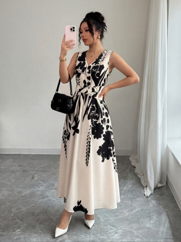 This New Summer French Elegant, Casual And Simple Printed Waist-cinching Sleeveless Mid-length Dress For Women Is Suitable For Commuting