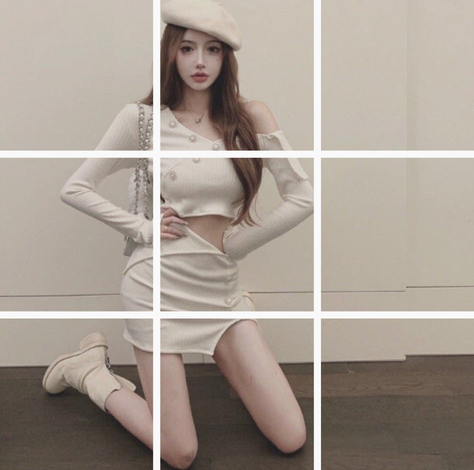 Early Autumn Pearl Button Short Top And Sheath Skirt Set