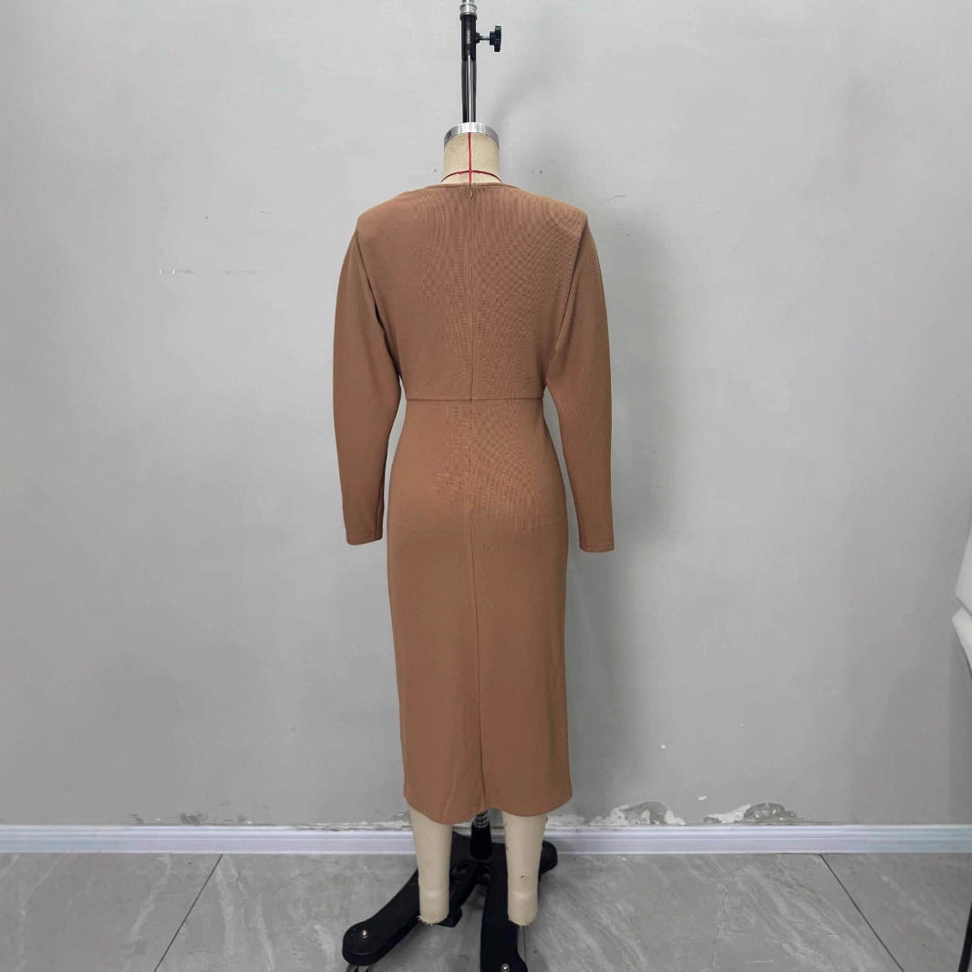 Retro-style Elegant Round-neck Long-sleeve Twist-detail Dress
