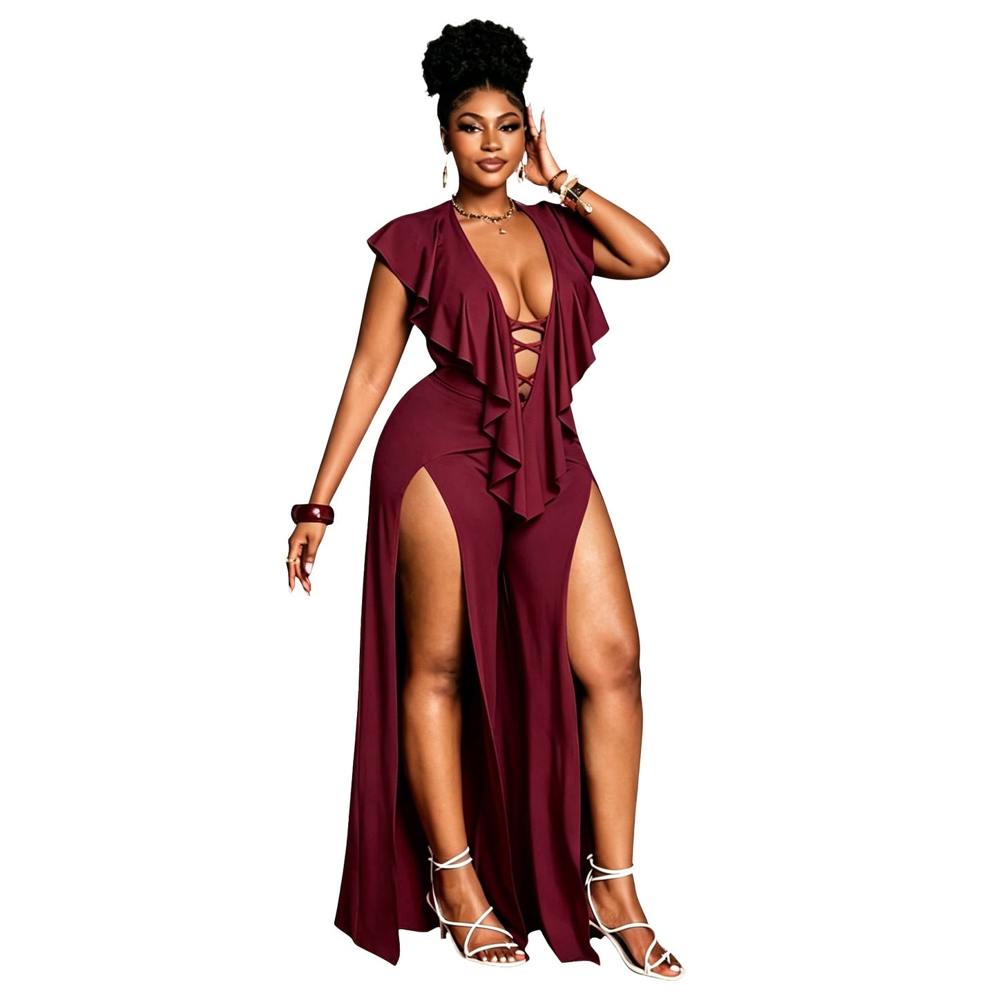 Womens Summer Ruffle-trimmed Wide-leg Split Jumpsuit