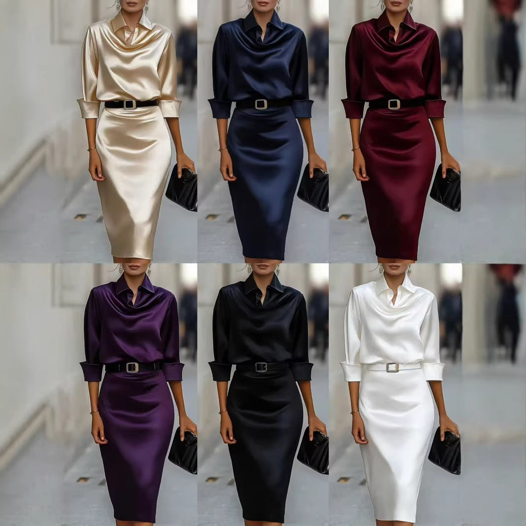 Satin Long-sleeve Casual Dress For Women