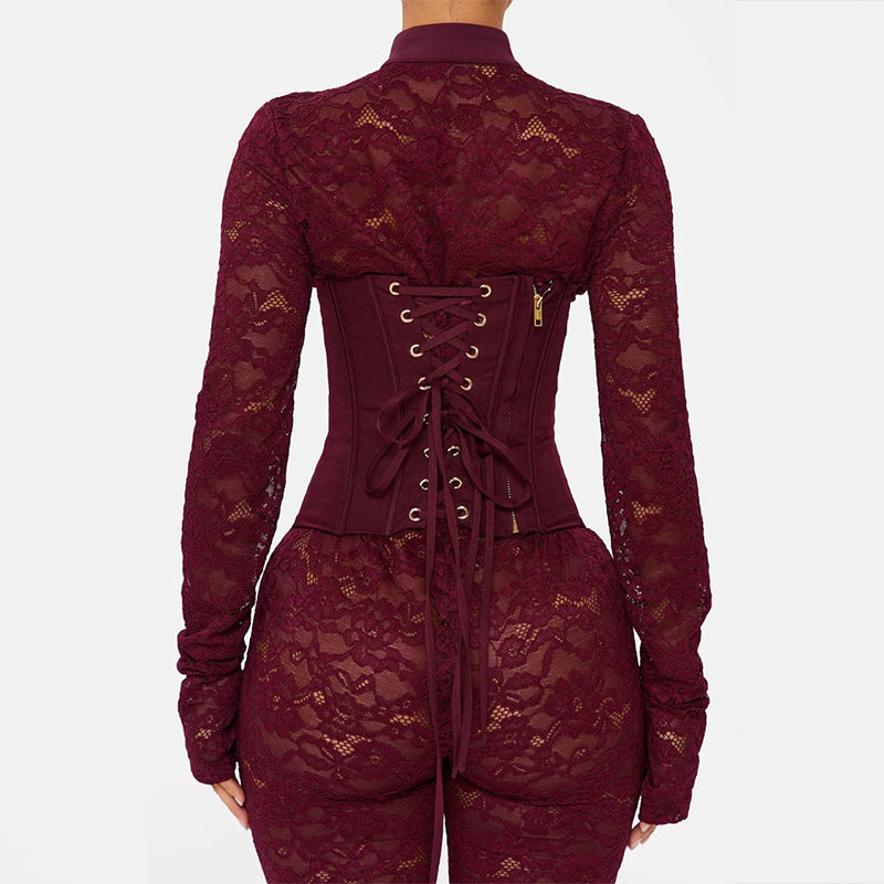 Fashionable Sexy Lace Hollow-Out Bodycon Jumpsuit Dress