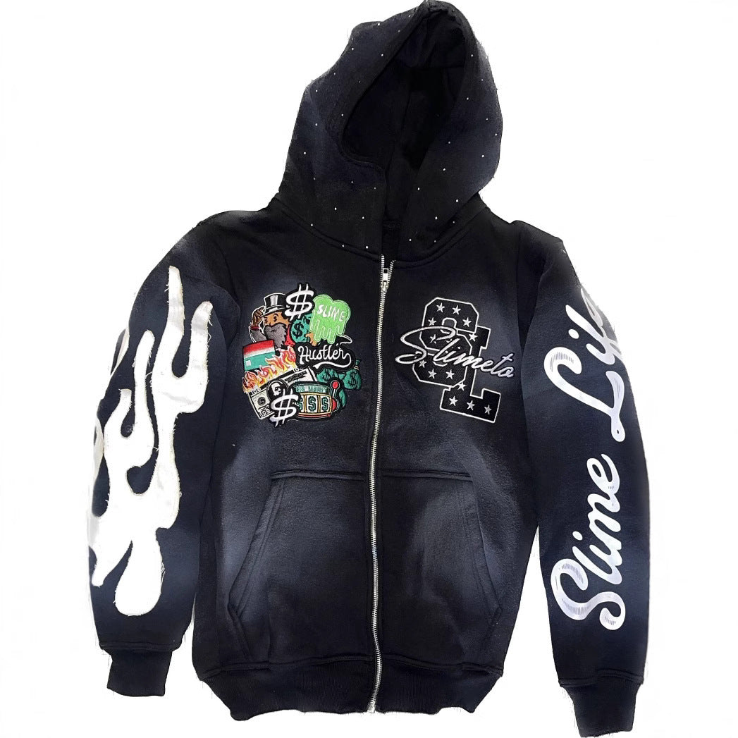 Hooded Cardigan Jacket Embroidered Print Mens Sweatshirt