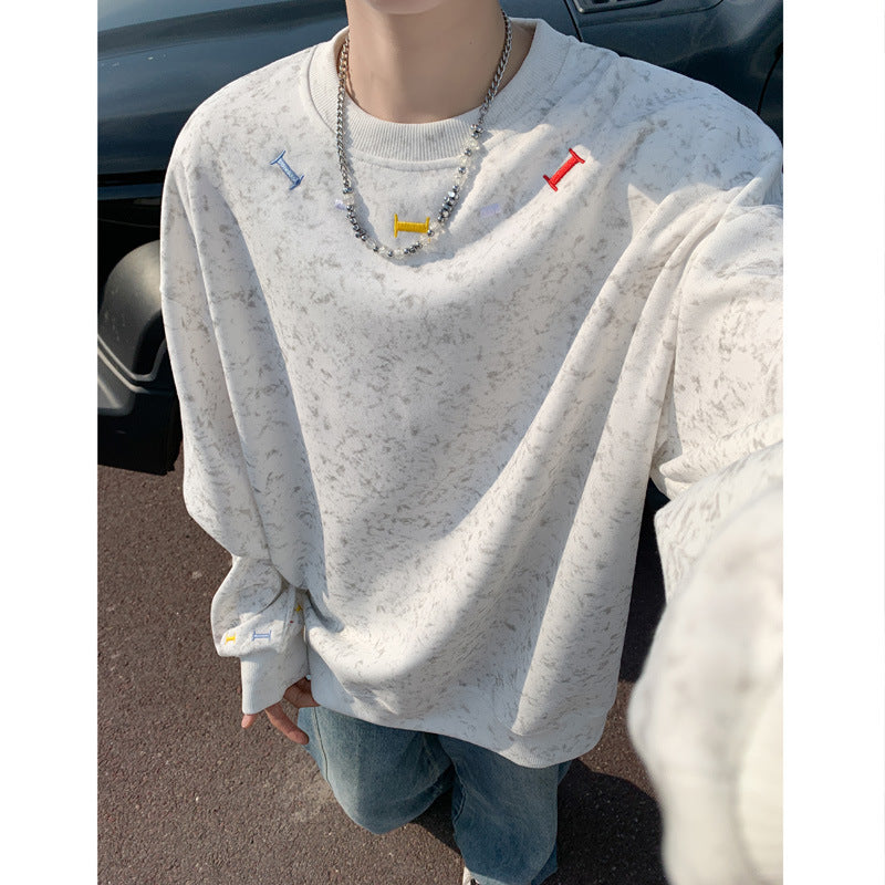 Tie-dye Colorful Embroidered Crewneck Sweatshirt For Men