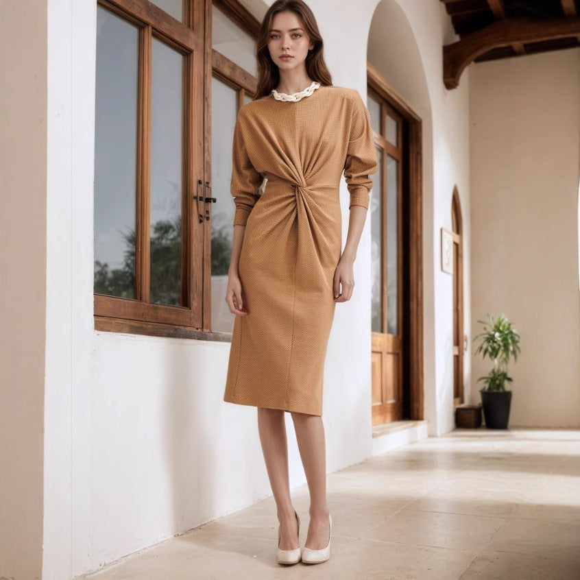Retro-style Elegant Round-neck Long-sleeve Twist-detail Dress