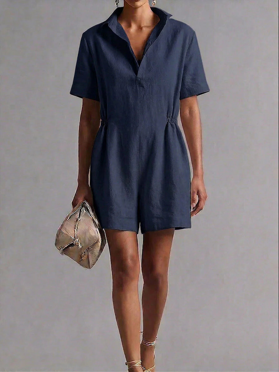 Womens Casual Long-Sleeve Lapel-Neck Split Jumpsuit