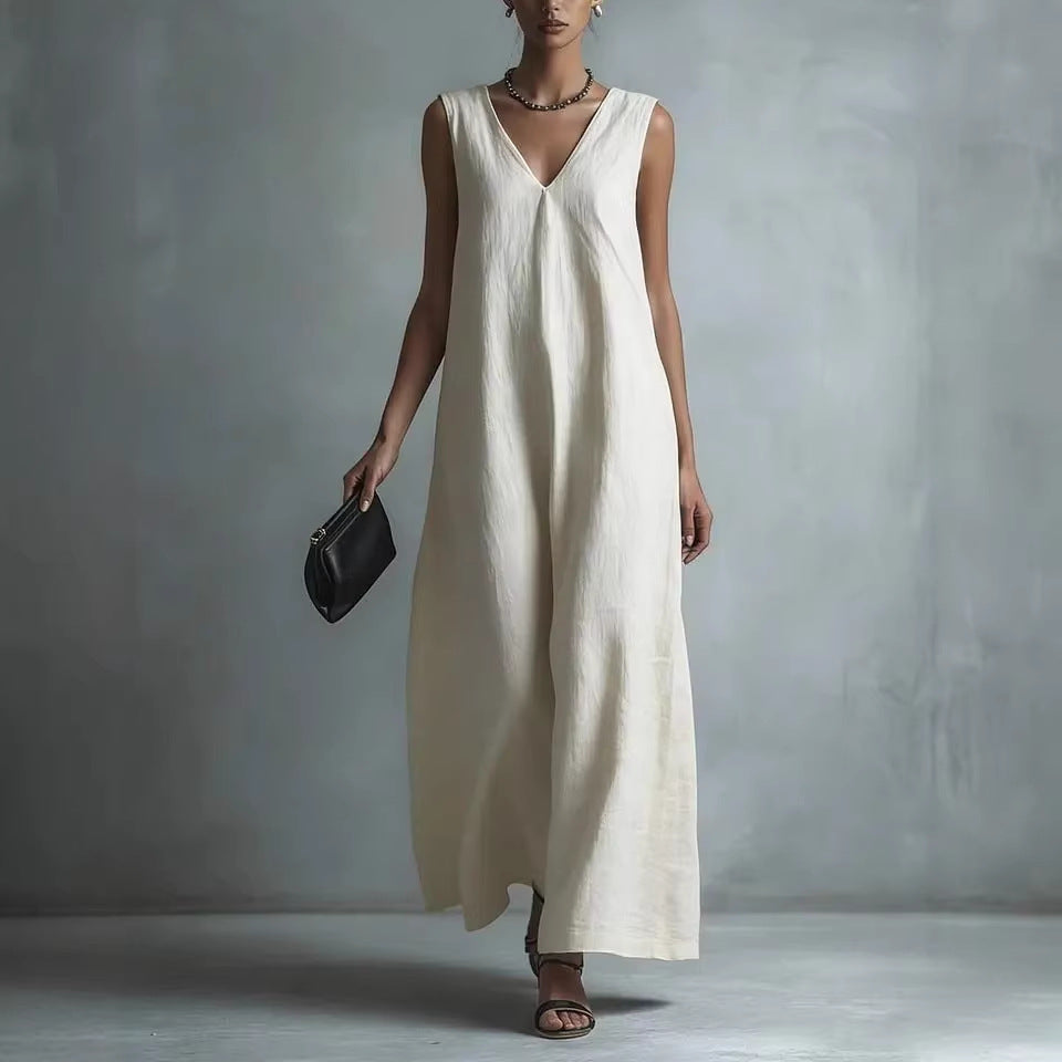 Women's Casual V-Neck Sleeveless Cotton-Linen Dress