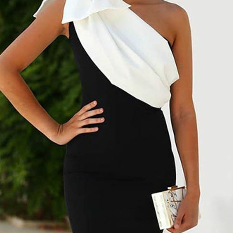 Contrast-color Lace-up Side-slit One-shoulder Dress