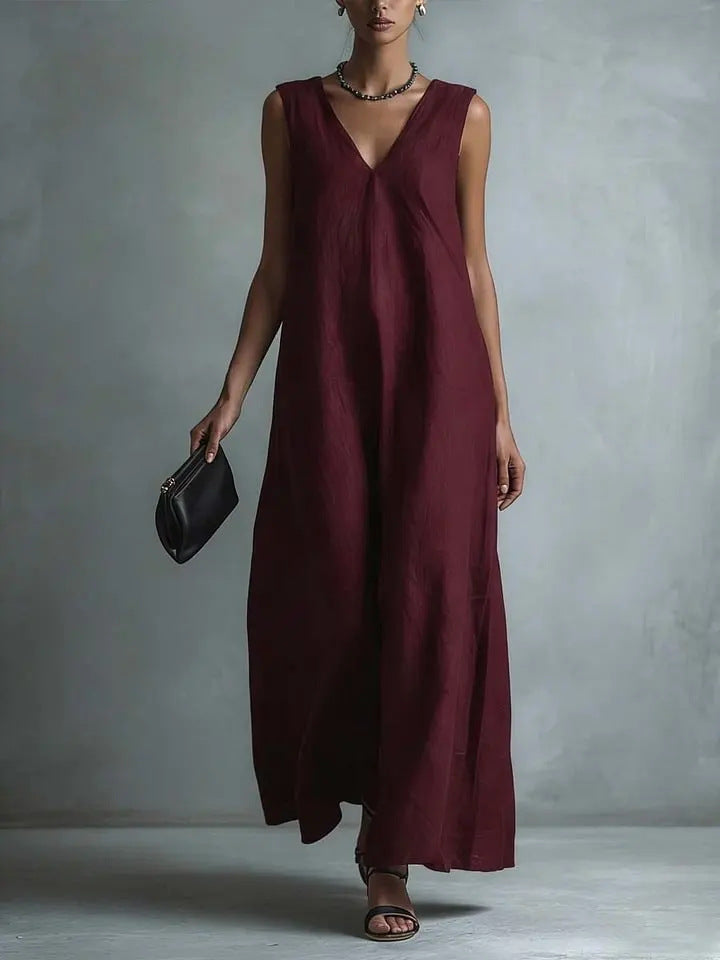 Women's Casual V-Neck Sleeveless Cotton-Linen Dress