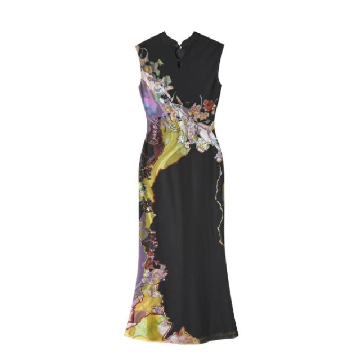 Two-Way Color-Block Printed Cheongsam Dress