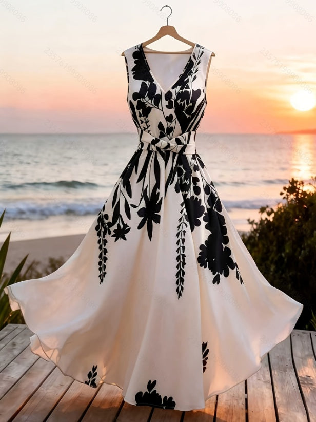 This New Summer French Elegant, Casual And Simple Printed Waist-cinching Sleeveless Mid-length Dress For Women Is Suitable For Commuting