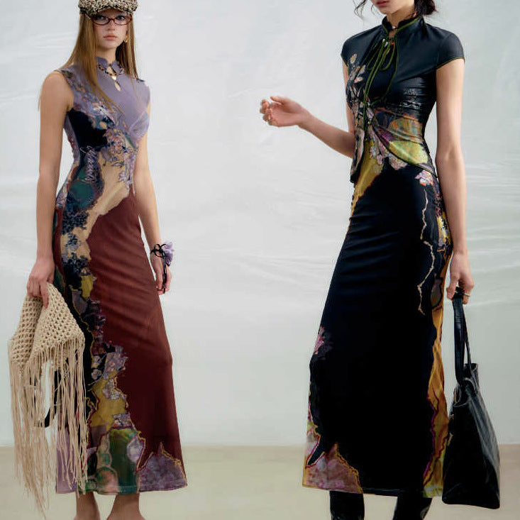 Two-Way Color-Block Printed Cheongsam Dress