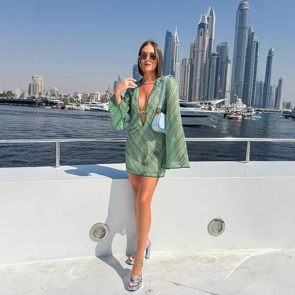 Fashionable Deep V-Neck Designer Satin Striped Long-Sleeve Dress