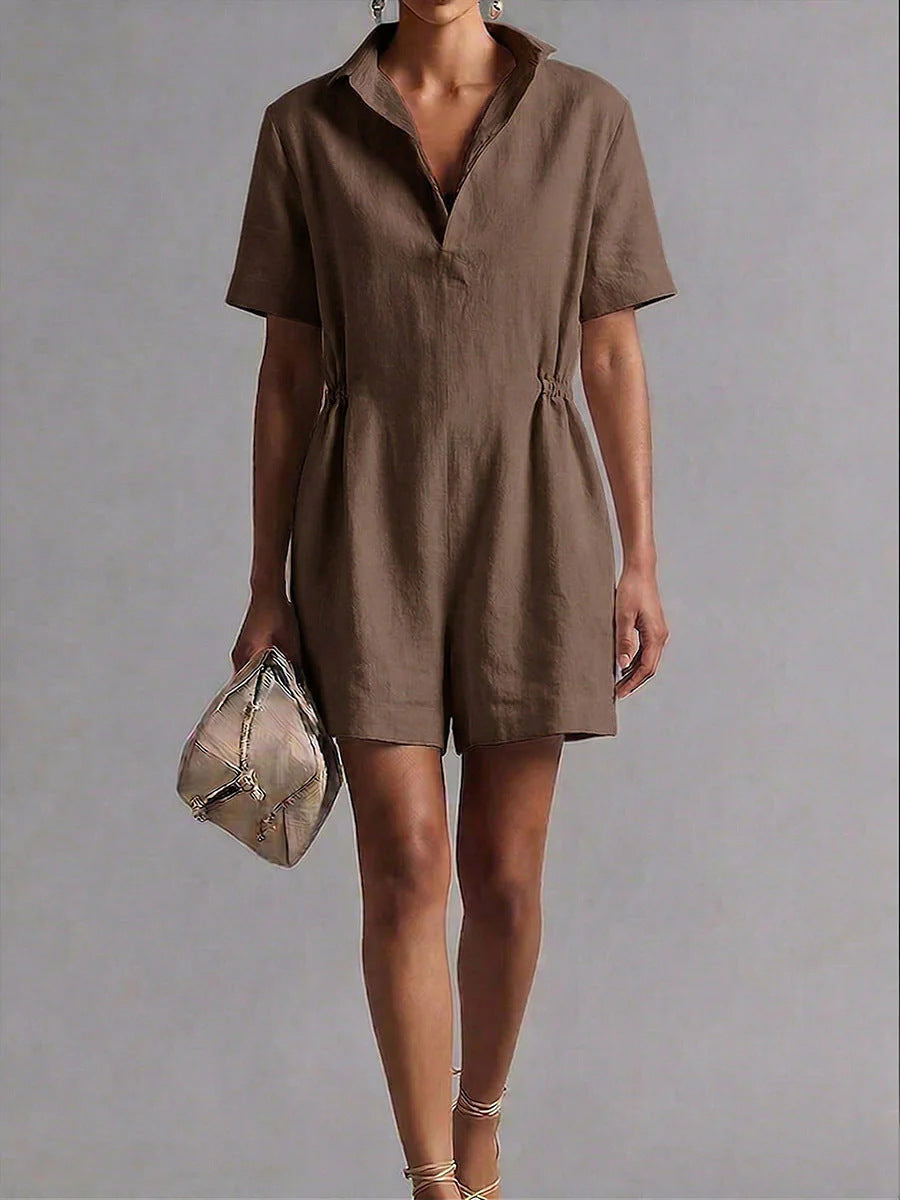 Womens Casual Long-Sleeve Lapel-Neck Split Jumpsuit
