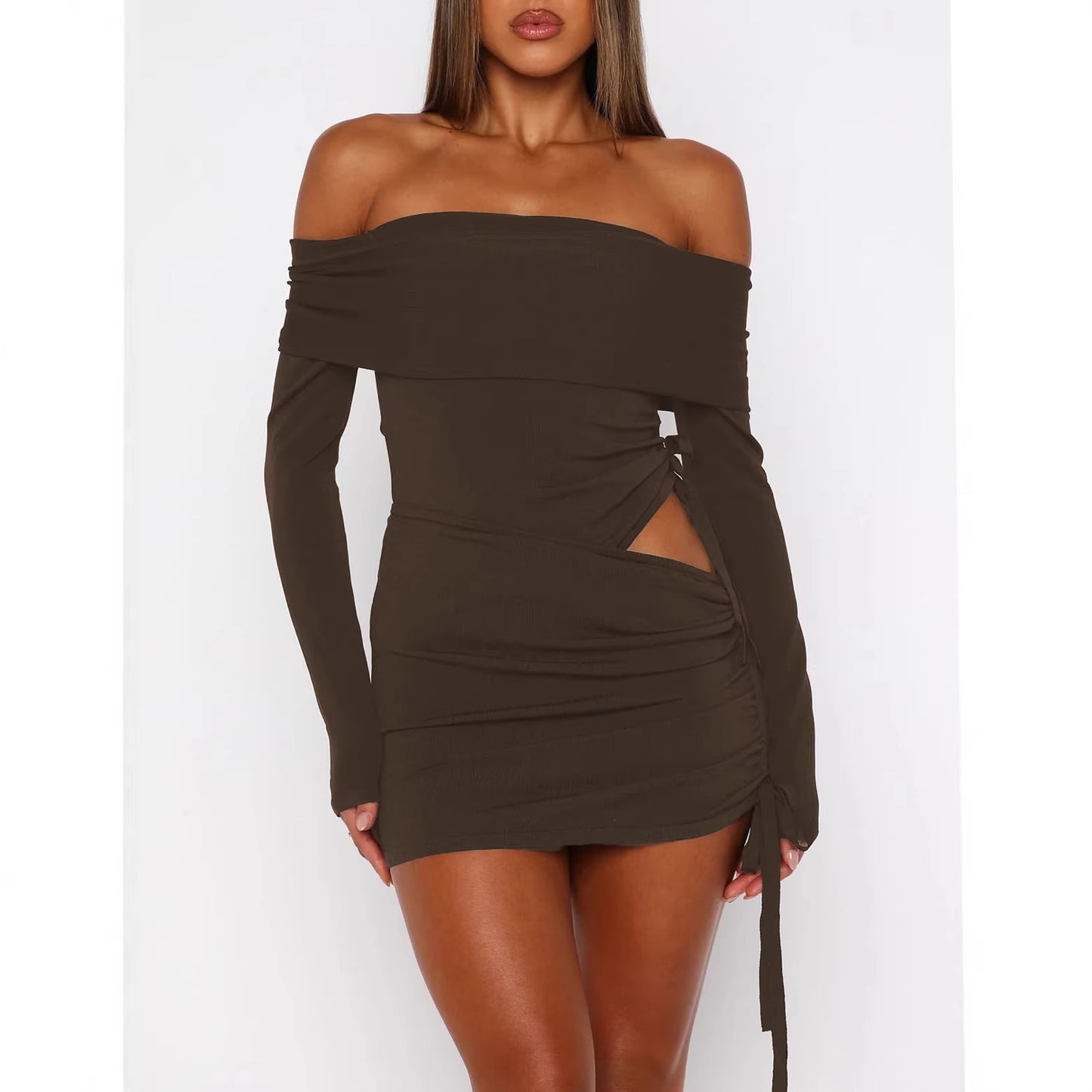 One-shoulder Long-sleeve Top And Spring Sexy Slim-fit Pleated Sheath Skirt