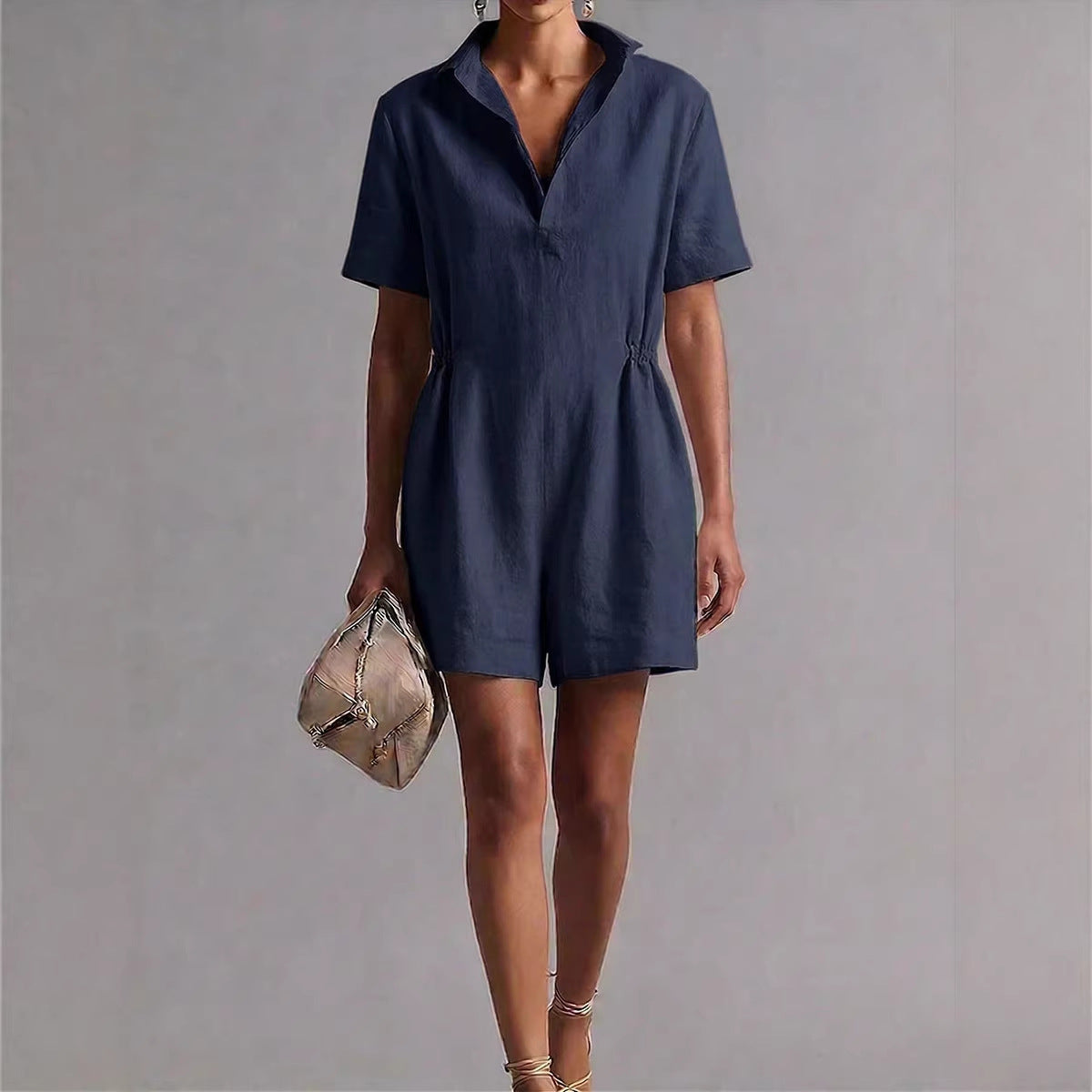 Womens Casual Long-Sleeve Lapel-Neck Split Jumpsuit