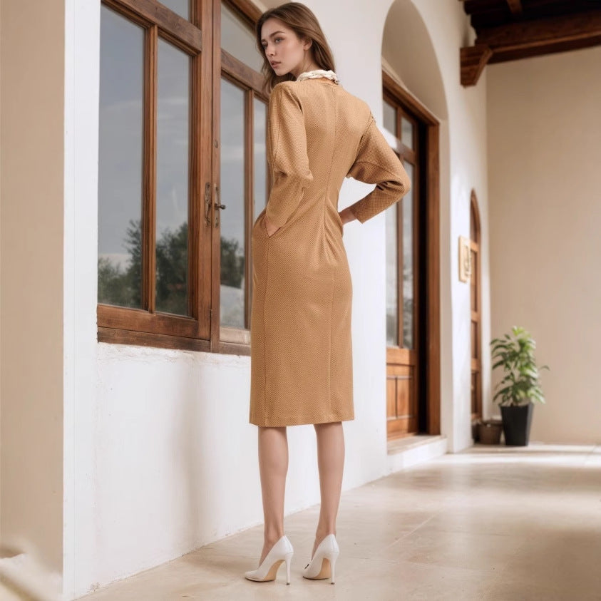 Retro-style Elegant Round-neck Long-sleeve Twist-detail Dress