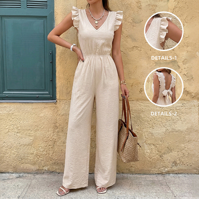 Flutter Sleeve V-Neck Back Bow Jumpsuit