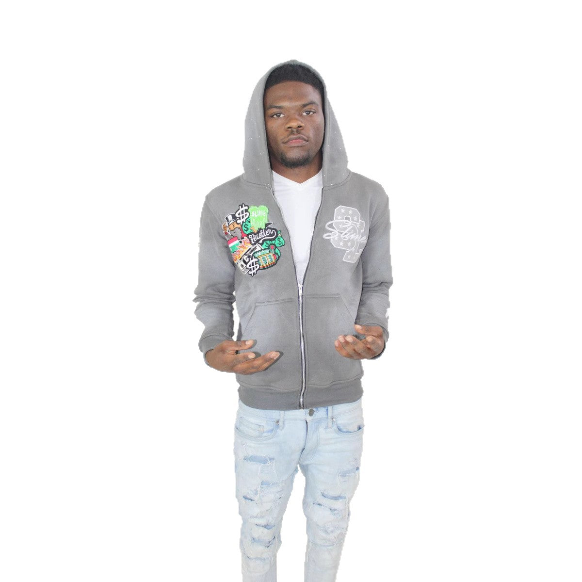 Hooded Cardigan Jacket Embroidered Print Mens Sweatshirt