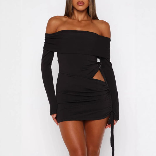 One-shoulder Long-sleeve Top And Spring Sexy Slim-fit Pleated Sheath Skirt