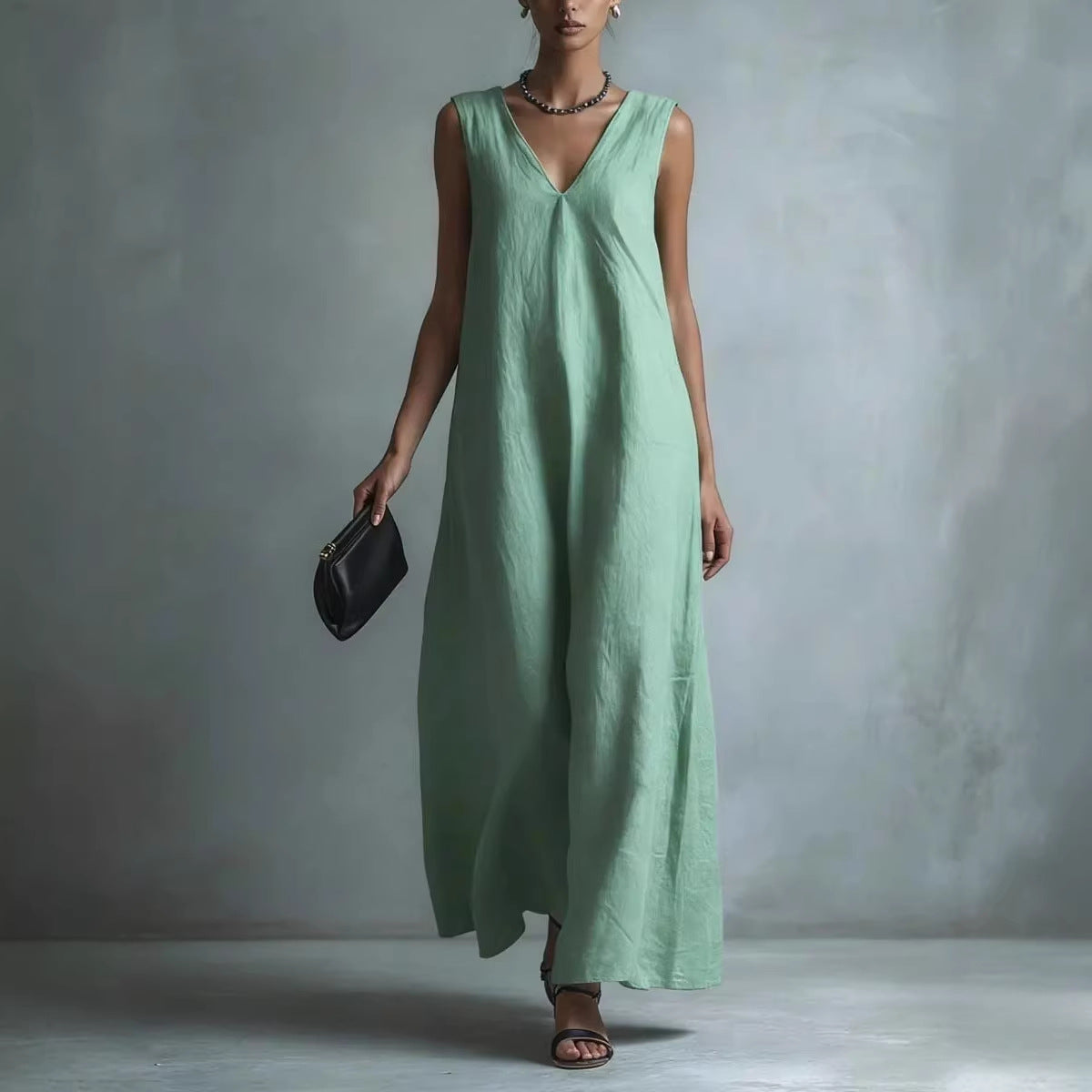 Women's Casual V-Neck Sleeveless Cotton-Linen Dress