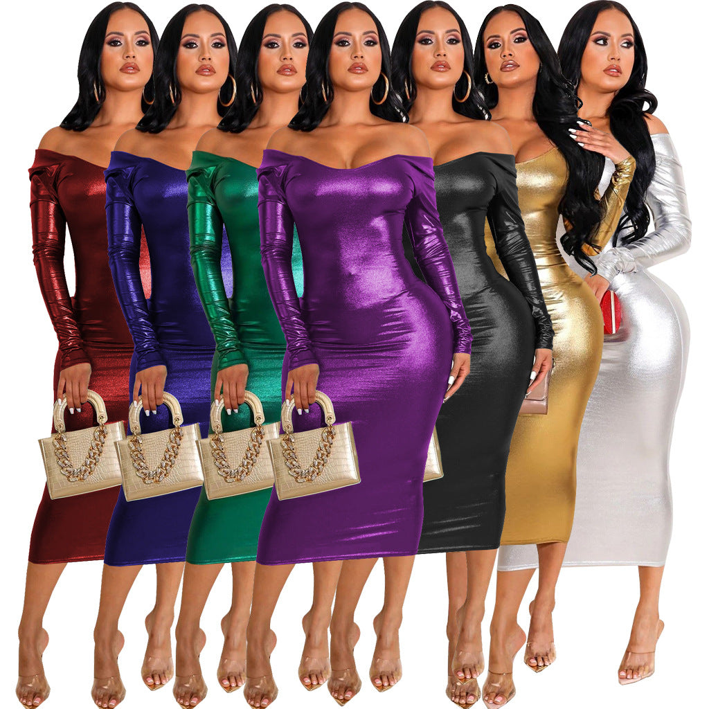 Fashionable Solid-Color Halterneck Off-Shoulder Womens Dress