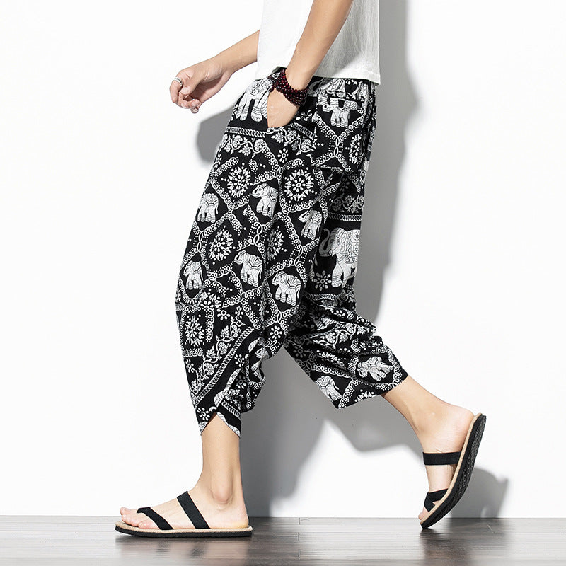 Printed Pants Baggy Cotton And Linen Loose Casual Cropped Pants
