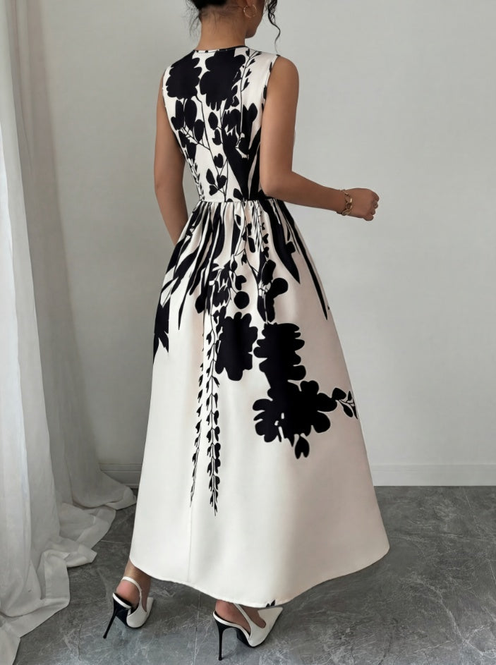 This New Summer French Elegant, Casual And Simple Printed Waist-cinching Sleeveless Mid-length Dress For Women Is Suitable For Commuting