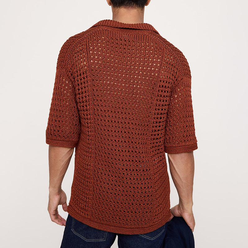 Hollow-out Mesh Knitted Short-Sleeve Polo Shirt T-Shirt