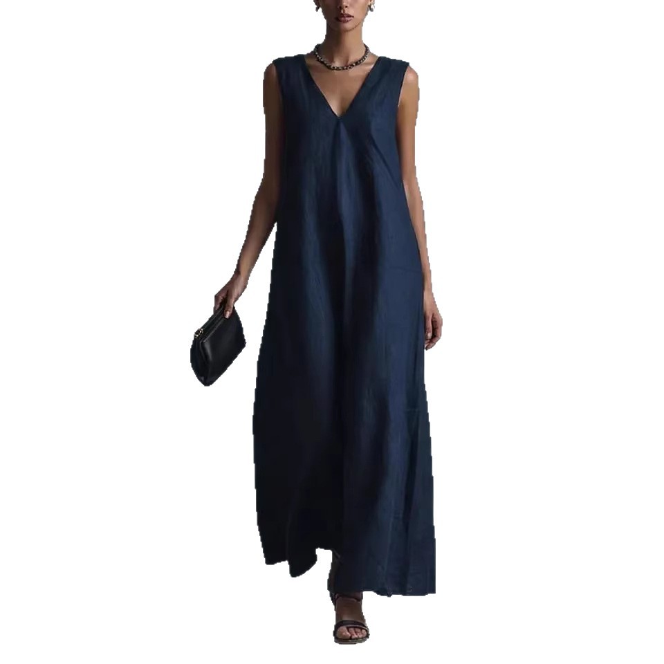 Women's Casual V-Neck Sleeveless Cotton-Linen Dress