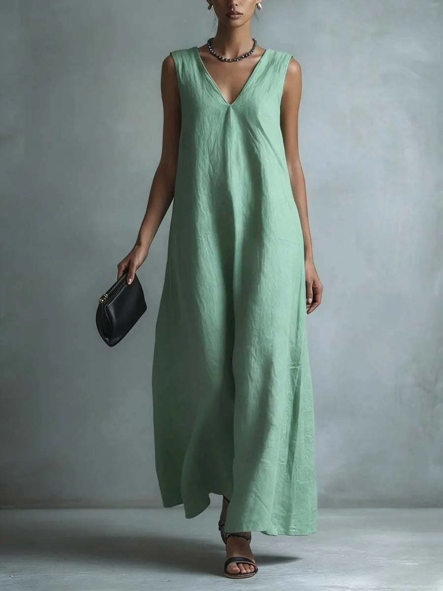 Women's Casual V-Neck Sleeveless Cotton-Linen Dress