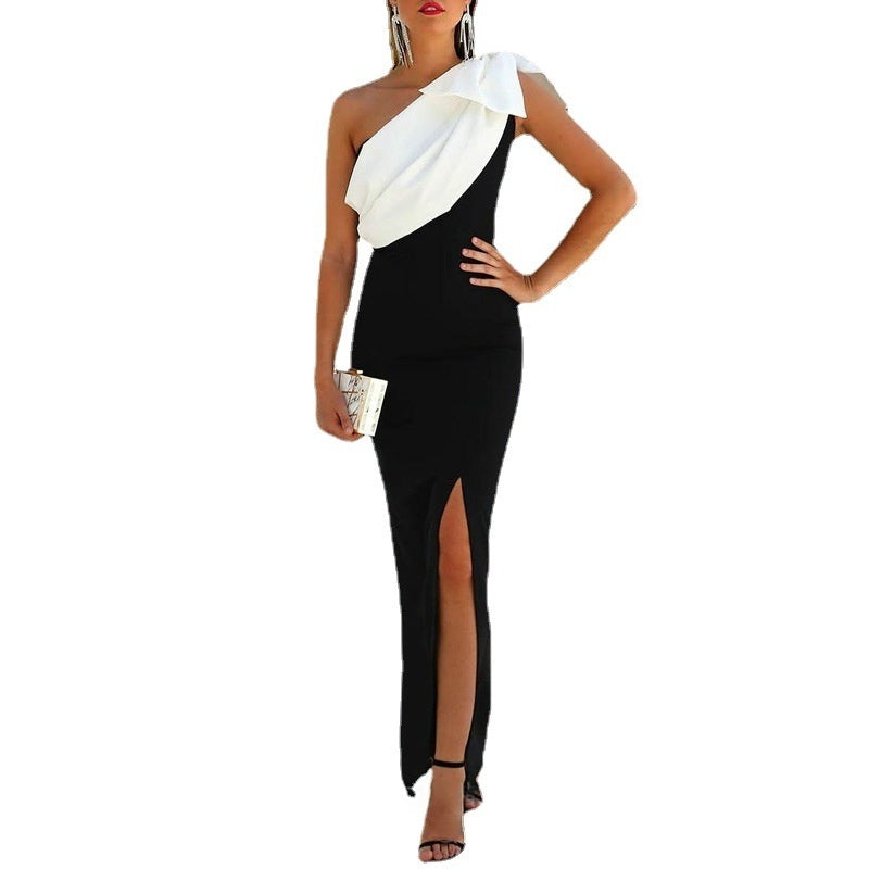 Contrast-color Lace-up Side-slit One-shoulder Dress