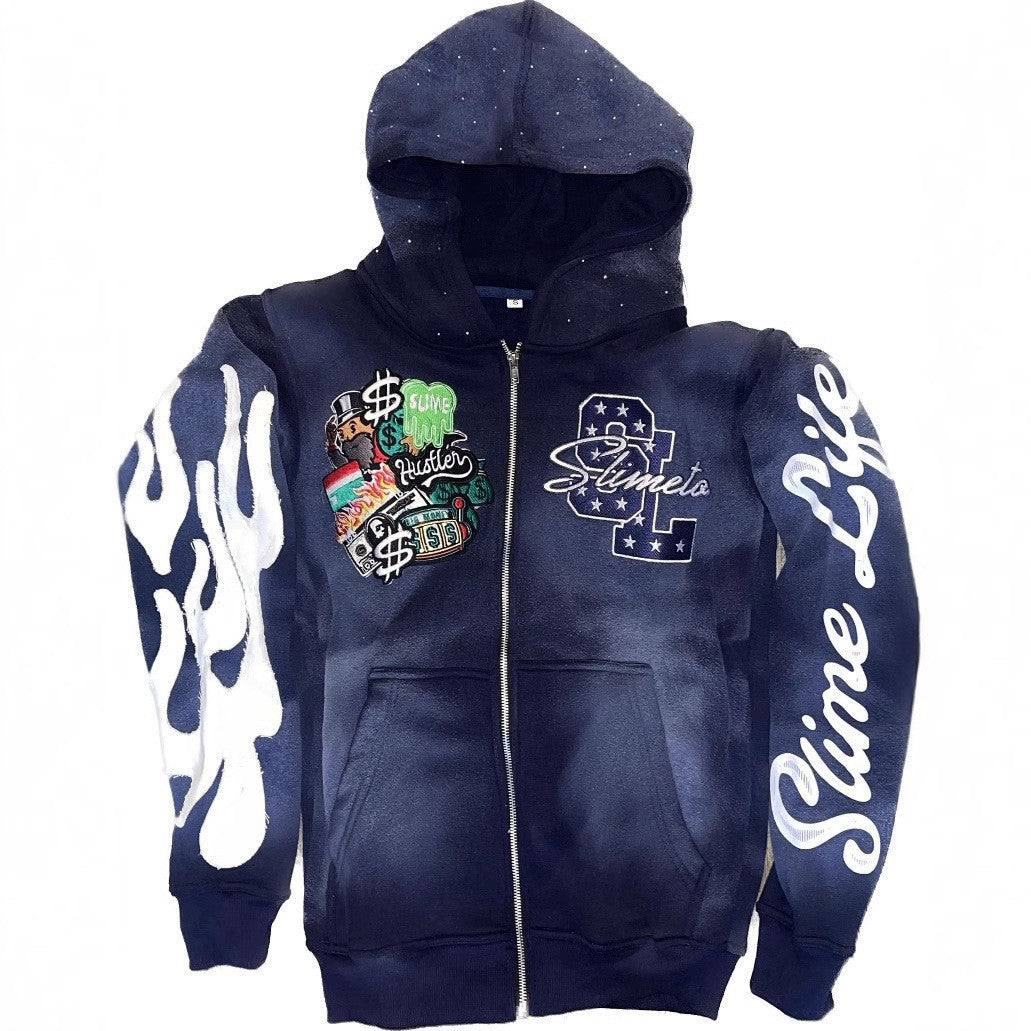 Hooded Cardigan Jacket Embroidered Print Mens Sweatshirt