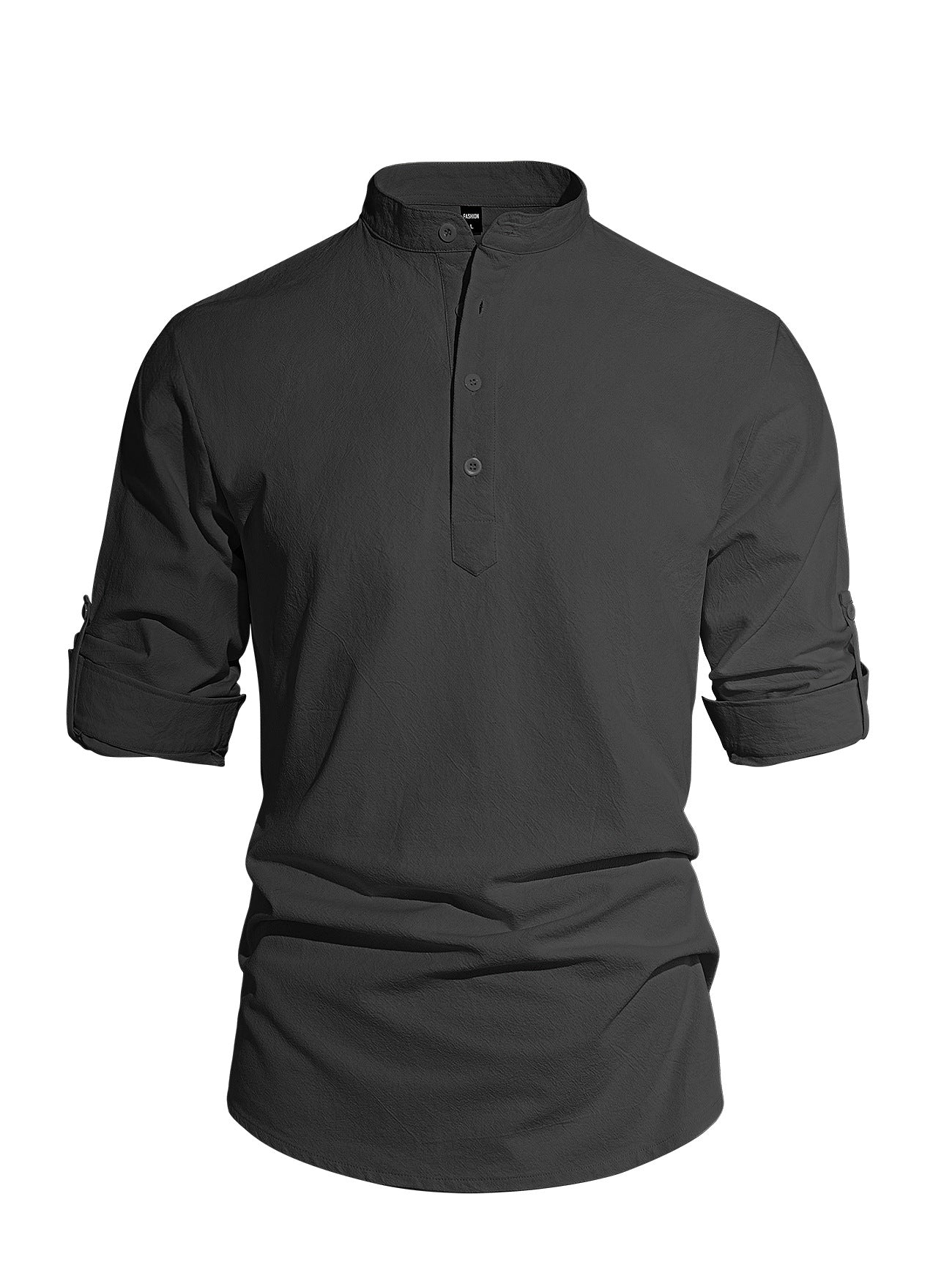 Men's Solid Color Stand Collar Long Sleeve Cotton-Linen Shirt