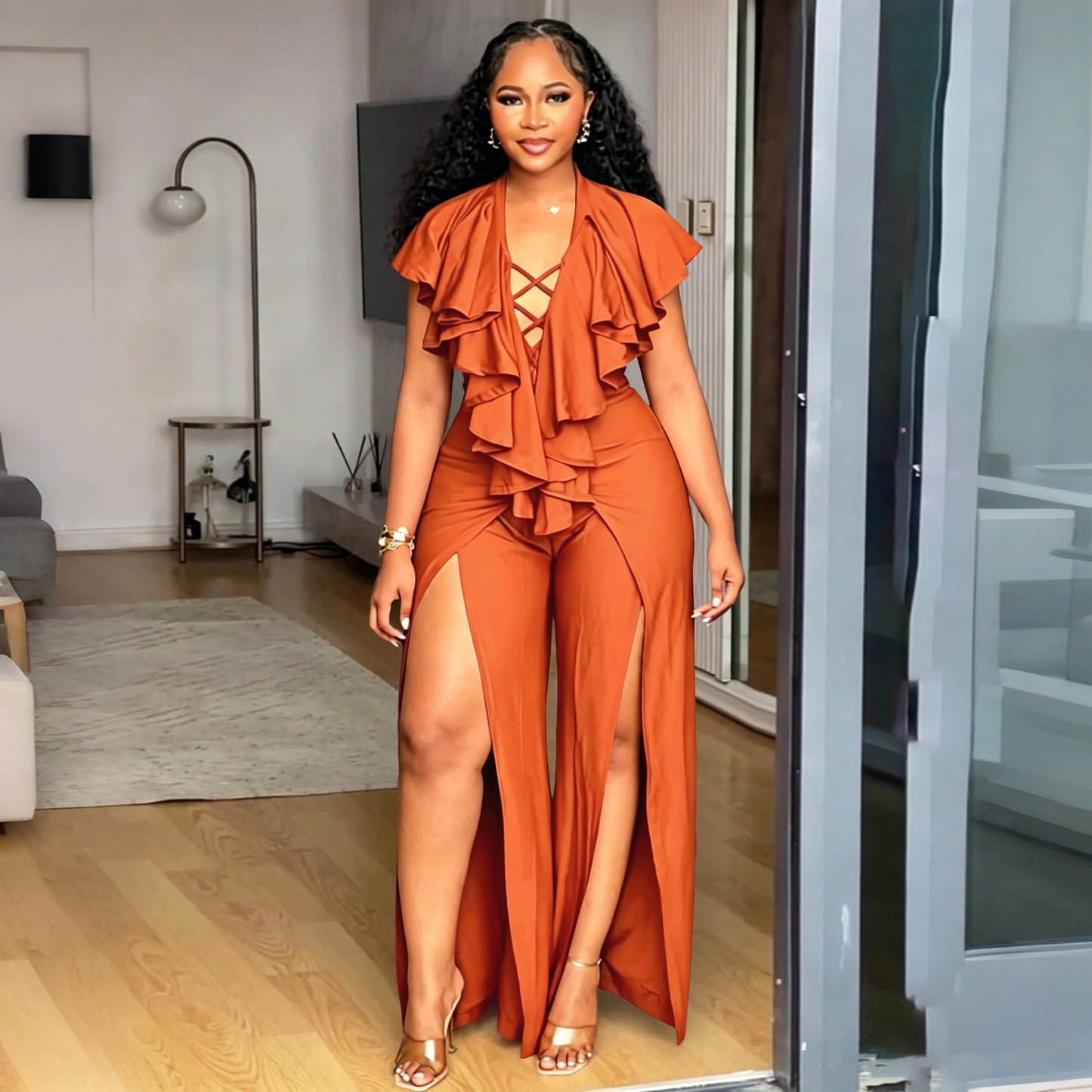 Womens Summer Ruffle-trimmed Wide-leg Split Jumpsuit