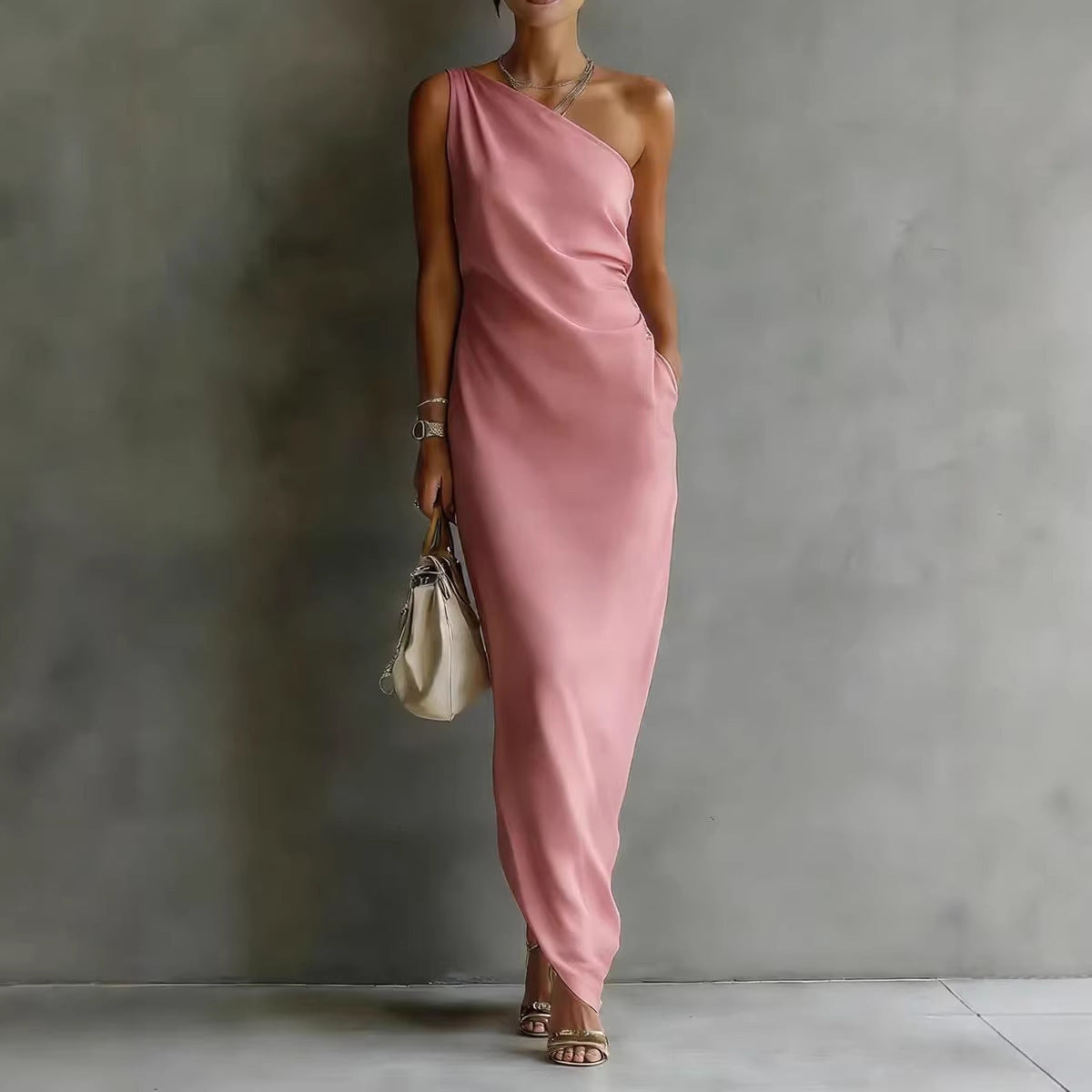Elegant Satin Off-shoulder Draping Slim-fit Maxi Dress