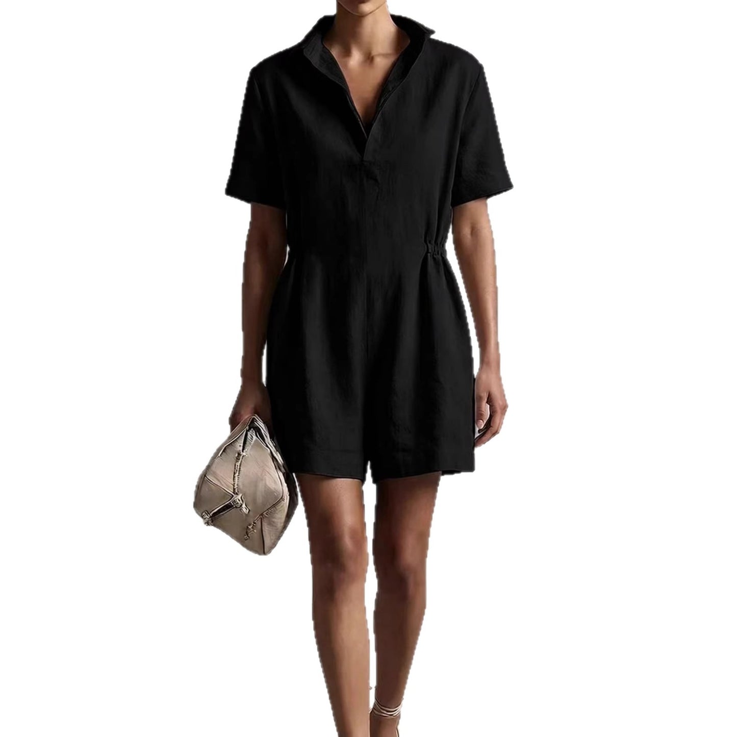 Womens Casual Long-Sleeve Lapel-Neck Split Jumpsuit