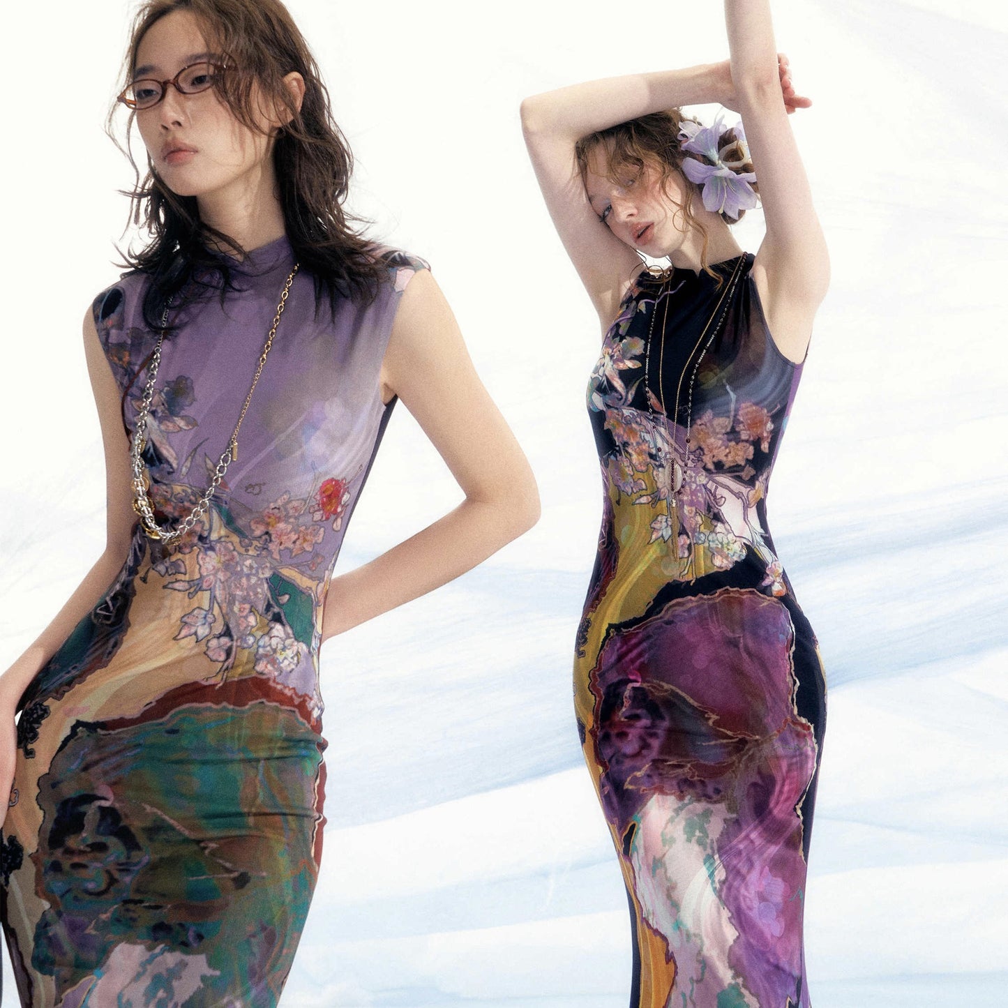 Two-Way Color-Block Printed Cheongsam Dress