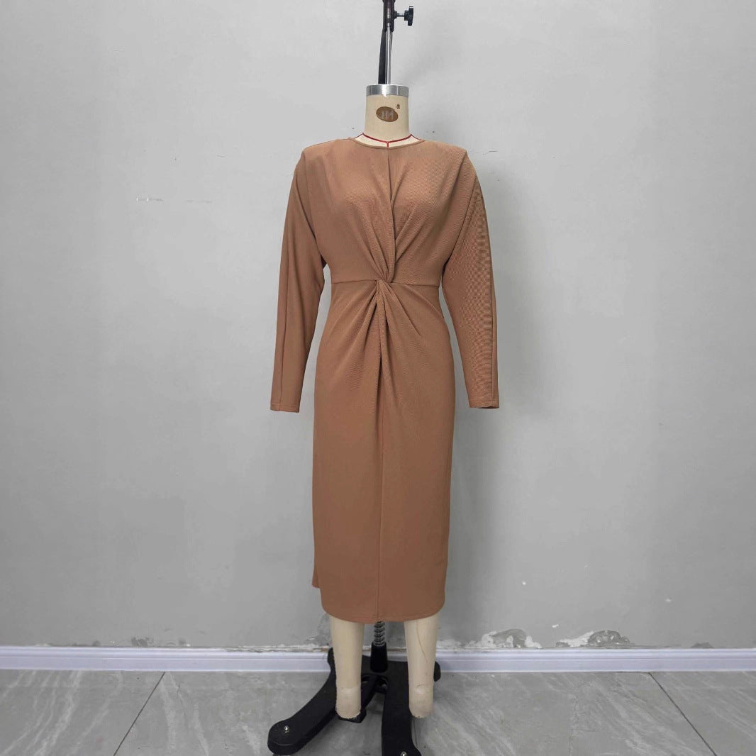 Retro-style Elegant Round-neck Long-sleeve Twist-detail Dress