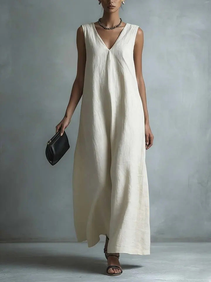 Women's Casual V-Neck Sleeveless Cotton-Linen Dress