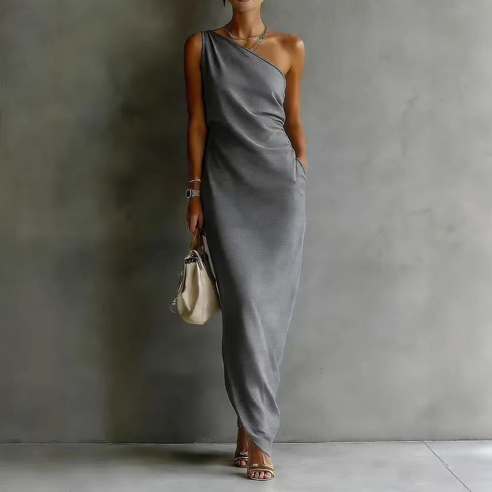 Elegant Satin Off-shoulder Draping Slim-fit Maxi Dress